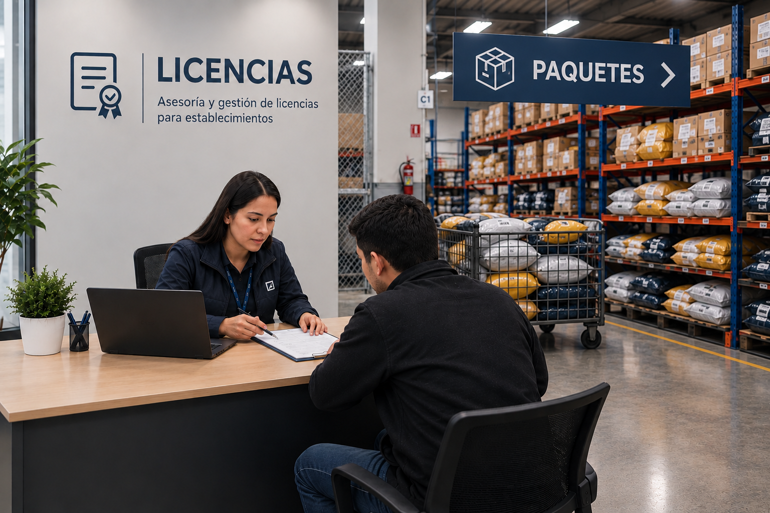 Bodega logística con estanterías de paquetes listos para envío internacional